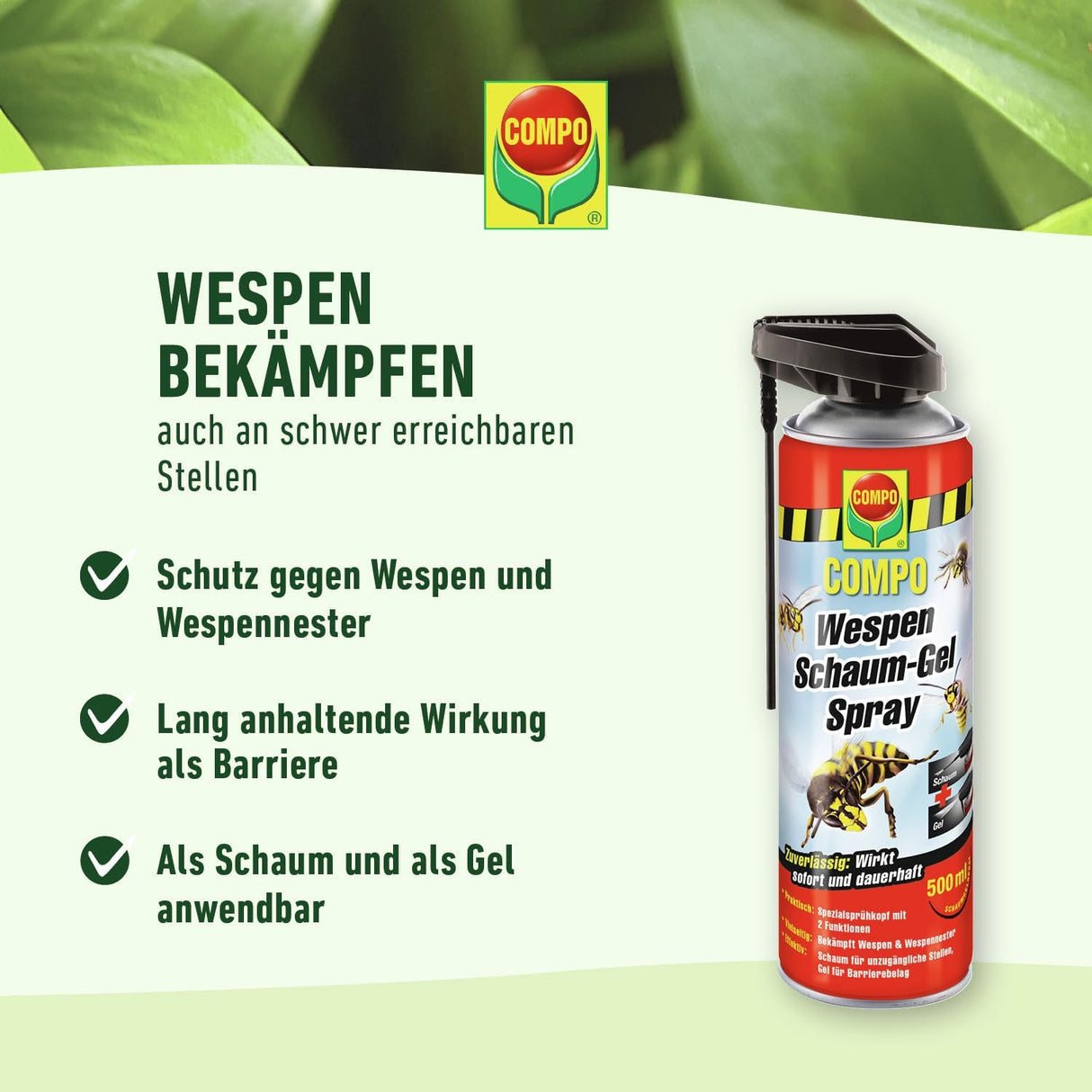 COMPO Wespen Schaum-Gel Spray – Wespenspray mit Sprührohr – wirkt gegen Wespen und Wespennester – Sofort- und Langzeitwirkung – Wespenschaum als Wespenspray – 500 ml