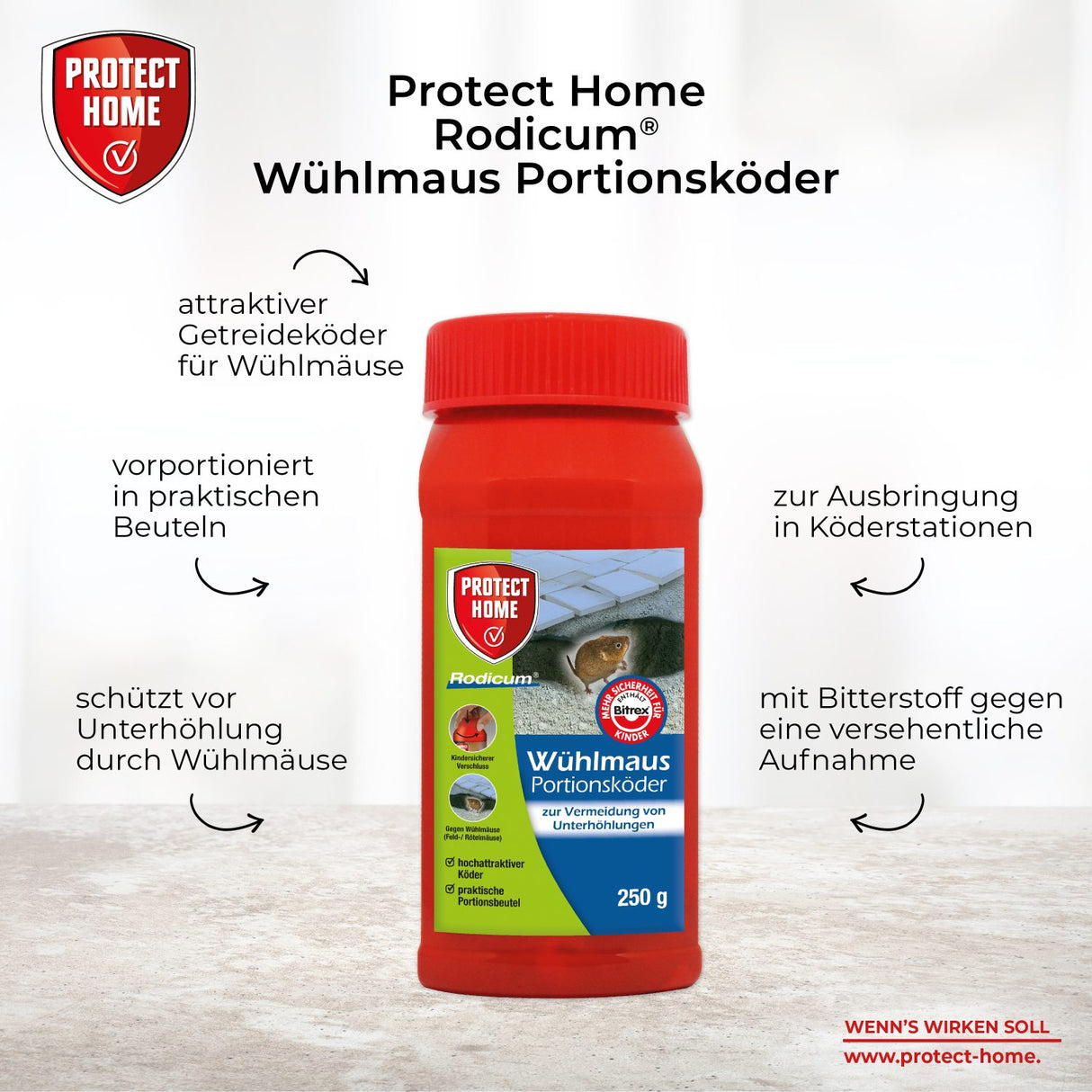 PROTECT HOME Rodicum Wühlmaus Portionsköder, Wühlmausgift, auslegefertige Köder zur Wühlmausbekämpfung, 250 g Dose