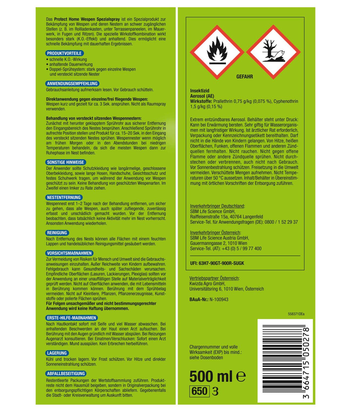 Protect Home FormineX Wespen Spezialspray 500 ml mit Doppel-Sprühsystem für Wespennester und frei fliegende Wespen