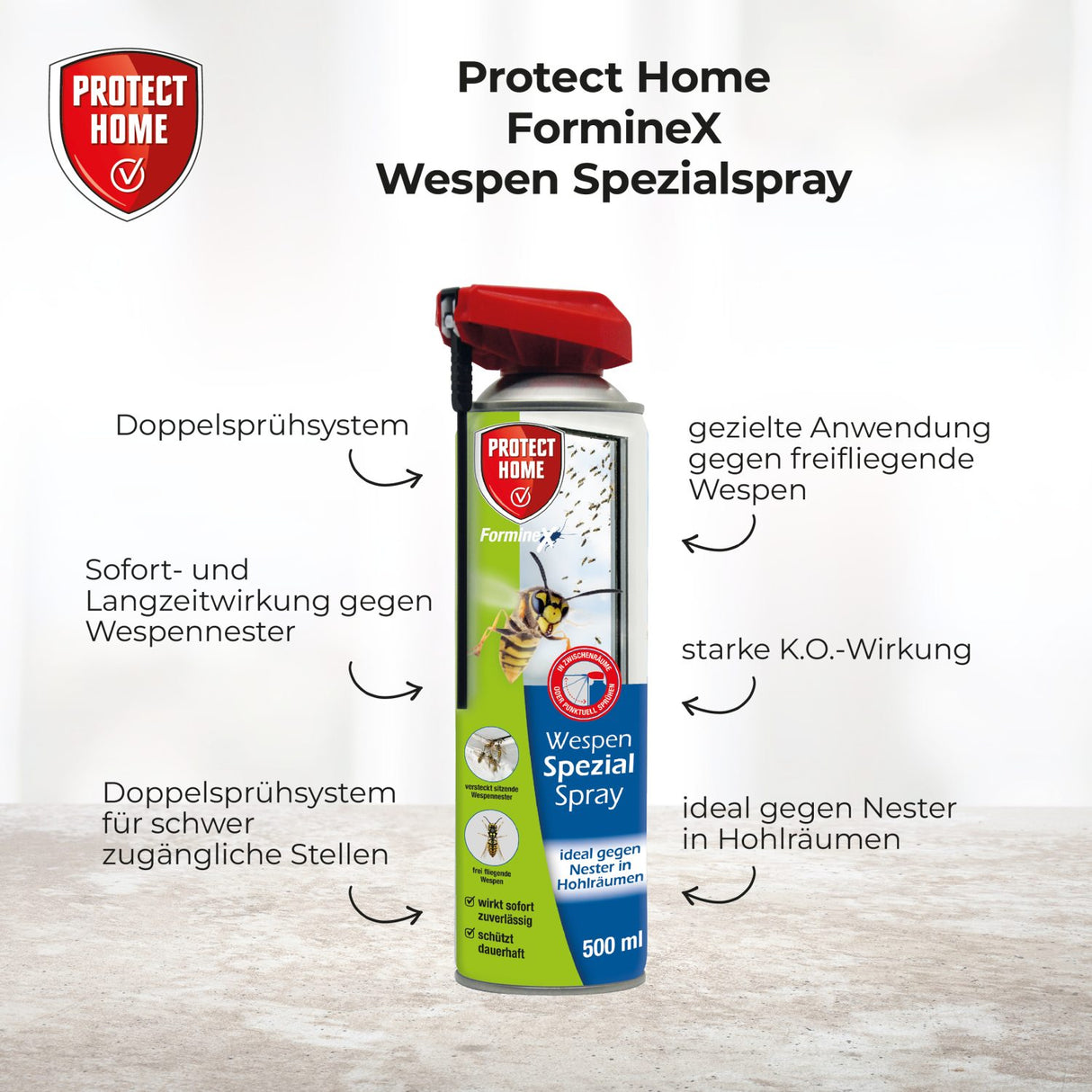 Protect Home FormineX Wespen Spezialspray 500 ml mit Doppel-Sprühsystem für Wespennester und frei fliegende Wespen