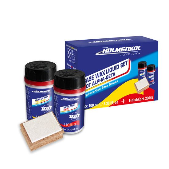 Holmenkol Basic Liquid Set Hot Flüssigwachs-Set für Ski und Snowboard (Alpha Mix Liquid, Beta Mix Liquid (je 100 ml), 1x Finish Kork)