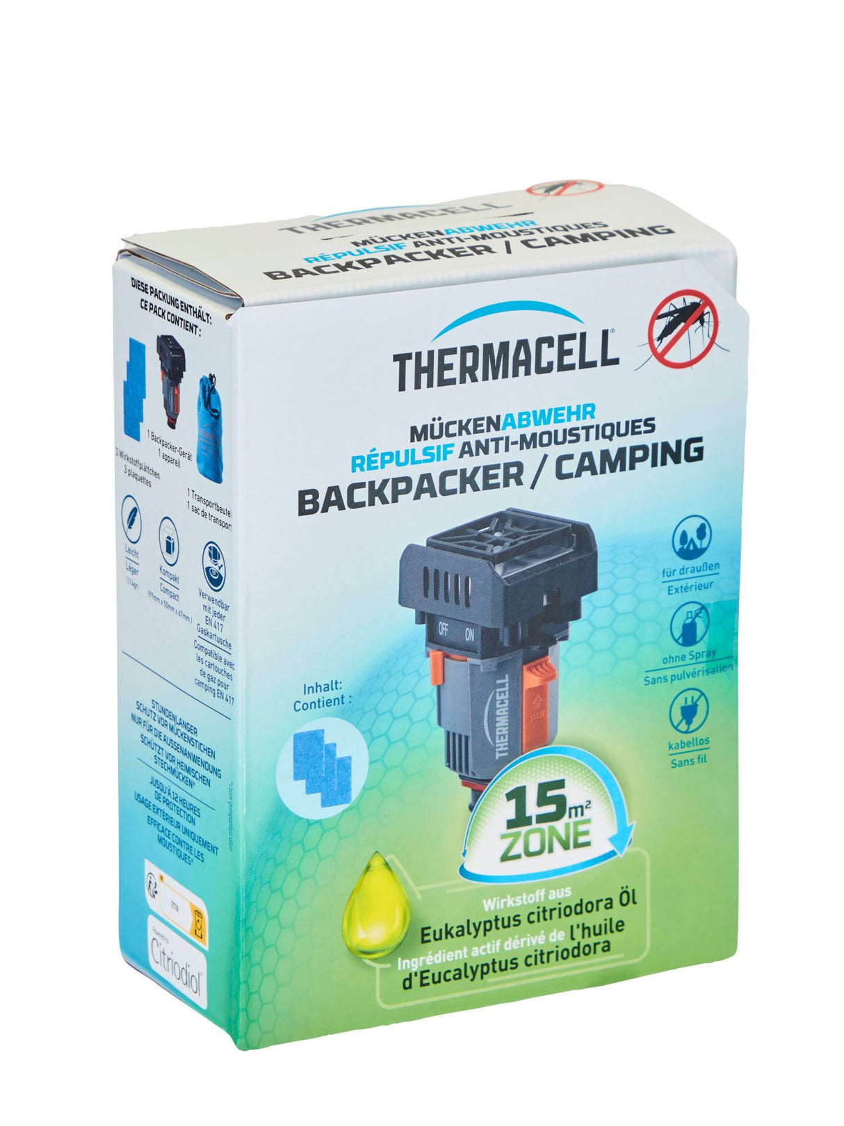 Thermacell Backpacker Mückenabwehr Starter Set – Outdoor Insektenschutz mit Citrodiol aus Zitroneneukalyptusöl – 15 m² Schutzzone – Ultraleicht 114 g – Inkl. 3 Wirkstoffplättchen für 12h