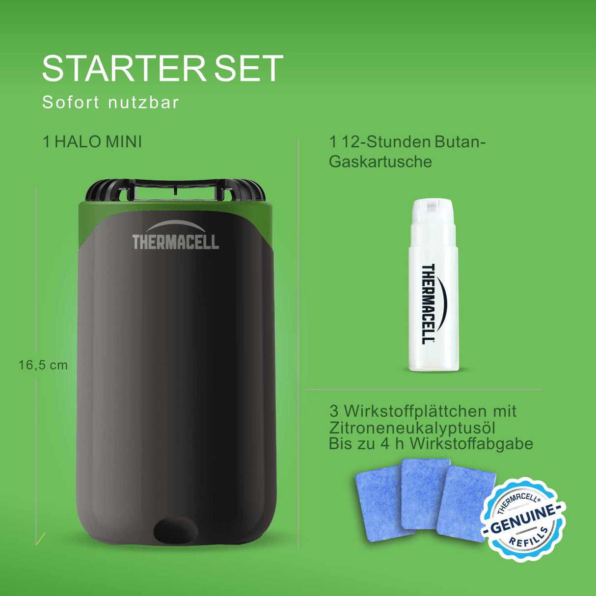 Thermacell Halo Mückenabwehr Starter Set – Portables Tischgerät mit Citrodiol aus Zitroneneukalyptusöl – 15 m² Schutzzone – Kabellos ohne Strom – Garten Terrasse Camping – Inkl. Gaskartusche & 3 Plättchen für 12h