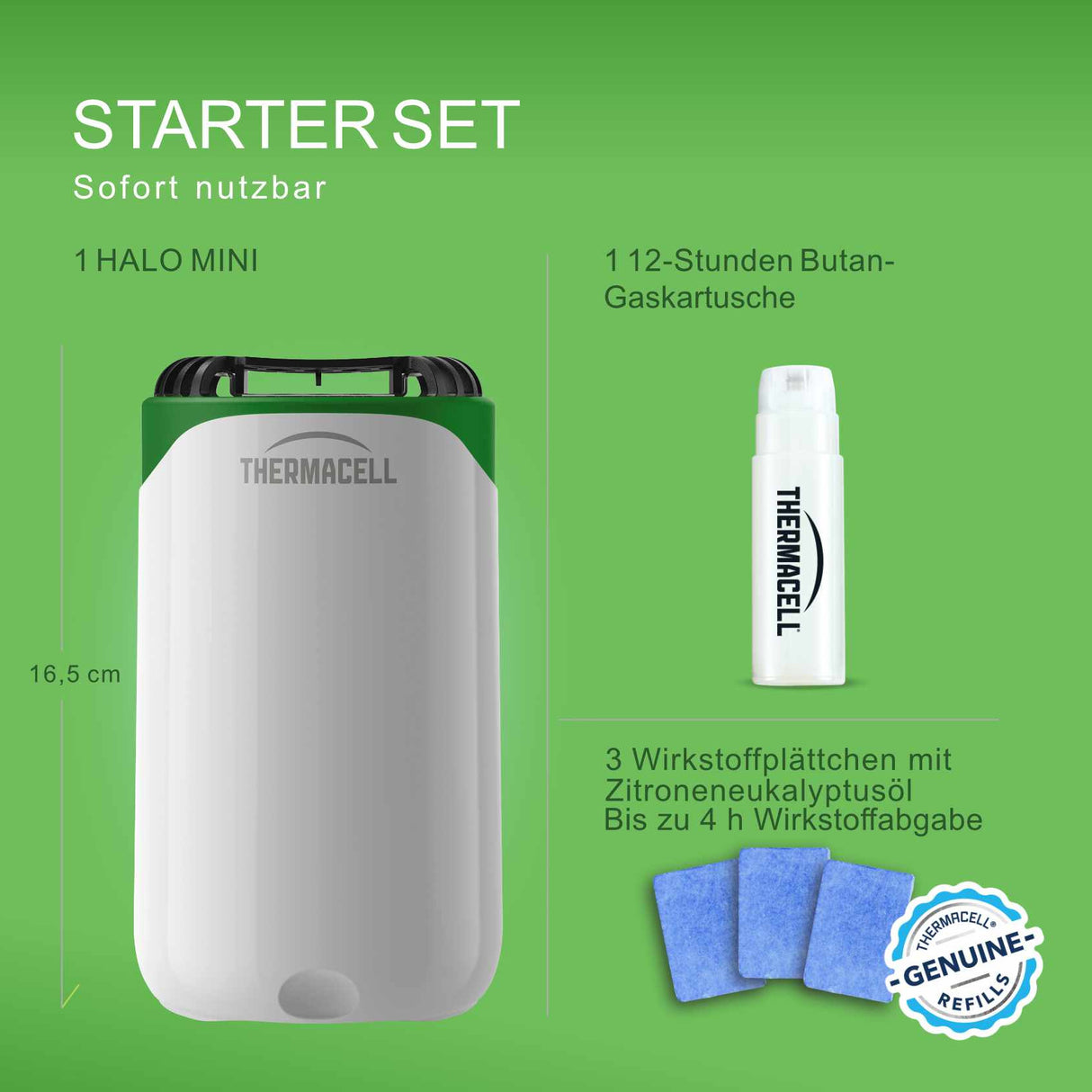 Thermacell Halo Mückenabwehr Starter Set – Portables Tischgerät mit Citrodiol aus Zitroneneukalyptusöl – 15 m² Schutzzone – Kabellos ohne Strom – Garten Terrasse Camping – Inkl. Gaskartusche & 3 Plättchen für 12h
