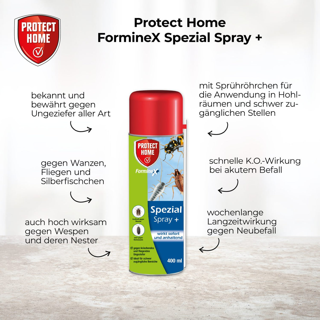 PROTECT HOME Forminex Spezial Spray gegen kriechendes & fliegendes Ungeziefer mit Sofort & Langzeitwirkung, 400 ml Sprühdose