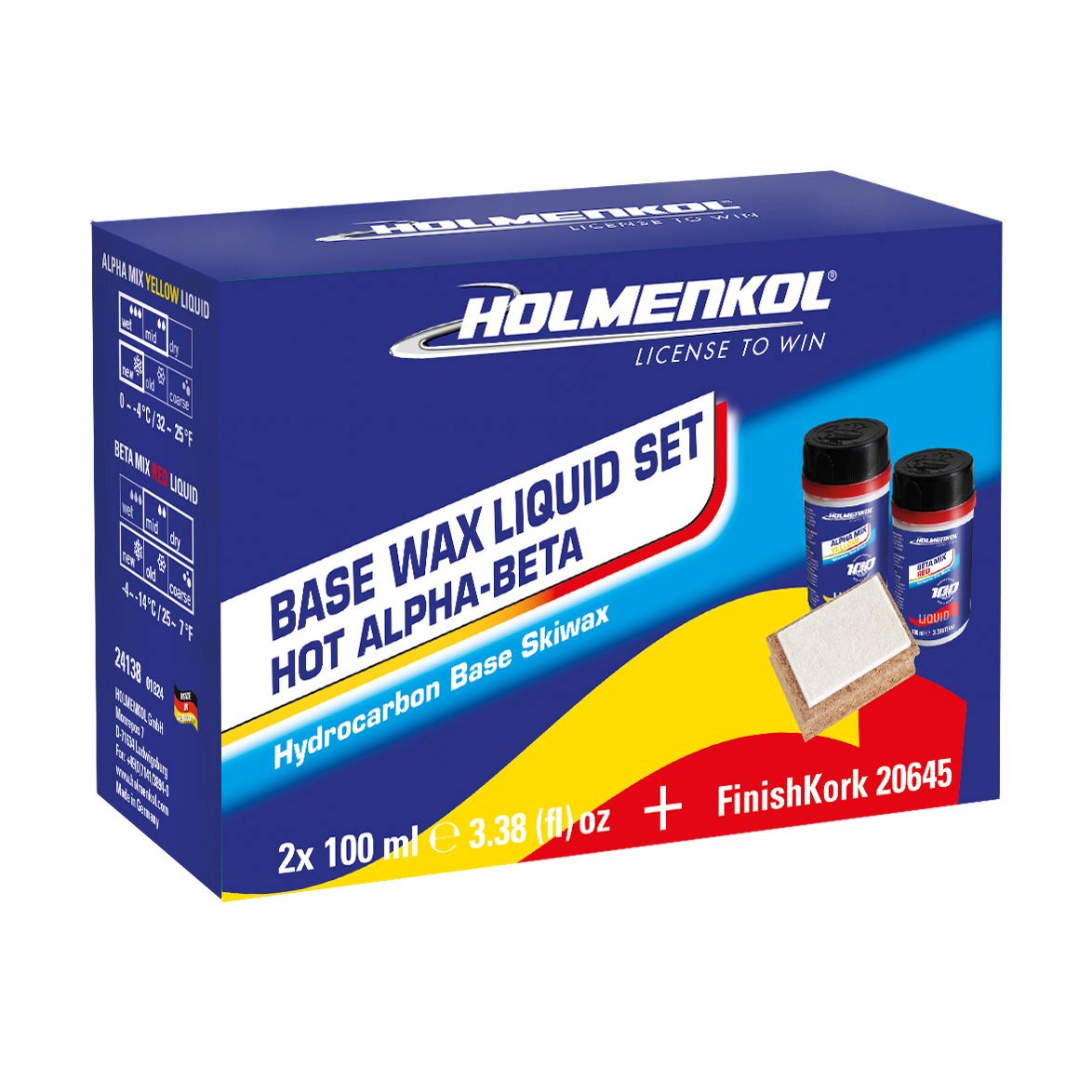Holmenkol Basic Liquid Set Hot Flüssigwachs-Set für Ski und Snowboard (Alpha Mix Liquid, Beta Mix Liquid (je 100 ml), 1x Finish Kork)